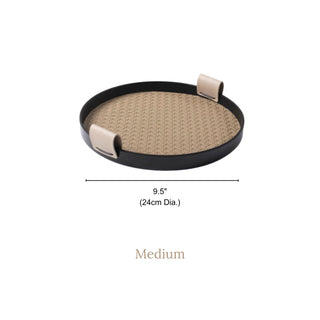 Modern Leather Round Organizer Tray | Black with Woven Base & Canvas Handles | Chic & Functional Vanity or Bar Tray