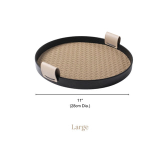 Modern Leather Round Organizer Tray | Black with Woven Base & Canvas Handles | Chic & Functional Vanity or Bar Tray