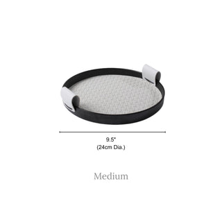 Modern Leather Round Organizer Tray | Black with Woven Base & Canvas Handles | Chic & Functional Vanity or Bar Tray