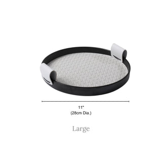 Modern Leather Round Organizer Tray | Black with Woven Base & Canvas Handles | Chic & Functional Vanity or Bar Tray