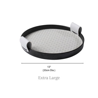 Modern Leather Round Organizer Tray | Black with Woven Base & Canvas Handles | Chic & Functional Vanity or Bar Tray