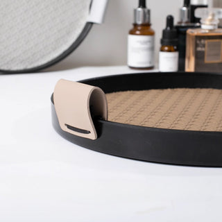 Modern Leather Round Organizer Tray | Black with Woven Base & Canvas Handles | Chic & Functional Vanity or Bar Tray