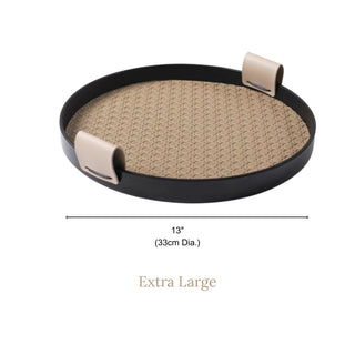 Modern Leather Round Organizer Tray | Black with Woven Base & Canvas Handles | Chic & Functional Vanity or Bar Tray
