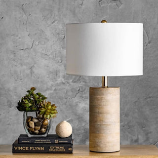 Modern Natural Wood Table Lamp | Textured Cylinder Base & White Drum Shade | Modern Farmhouse Lighting