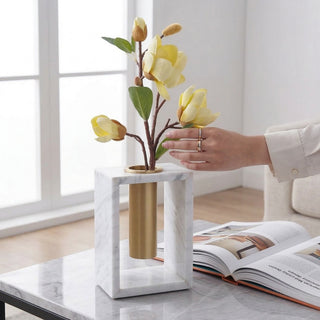 Natural Marble Vase with Brushed Brass Tube | Luxe Contemporary Flower Holder