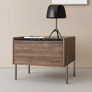 Oslo Wood & Leather Bedside Table | Solid Wood with Steel Legs | Masculine, Modern Nightstand