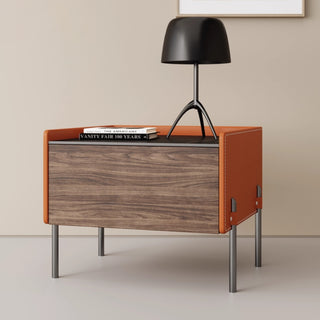 Oslo Wood & Leather Bedside Table | Solid Wood with Steel Legs | Masculine, Modern Nightstand
