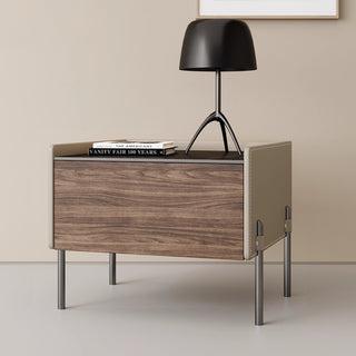 Oslo Wood & Leather Bedside Table | Solid Wood with Steel Legs | Masculine, Modern Nightstand