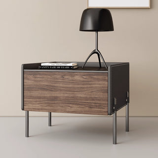 Oslo Wood & Leather Bedside Table | Solid Wood with Steel Legs | Masculine, Modern Nightstand