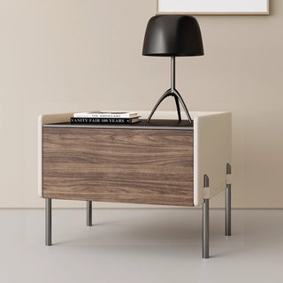 Oslo Wood & Leather Bedside Table | Solid Wood with Steel Legs | Masculine, Modern Nightstand