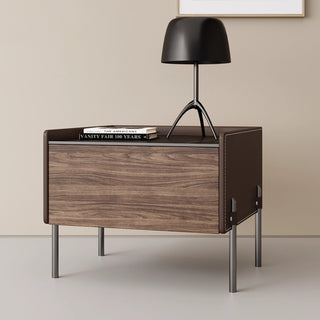 Oslo Wood & Leather Bedside Table | Solid Wood with Steel Legs | Masculine, Modern Nightstand