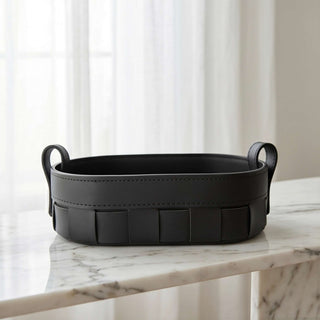 Oval Woven Leather Storage Caddy | Equestrian Tan Valet Tray | for Keys, Cosmetics, and Remotes