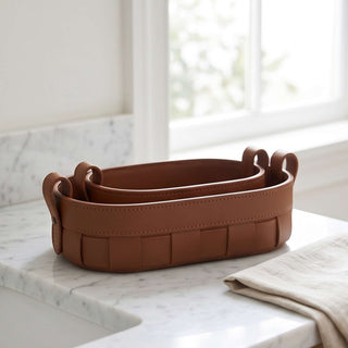 Oval Woven Leather Storage Caddy | Equestrian Tan Valet Tray | for Keys, Cosmetics, and Remotes