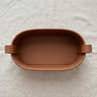Oval Woven Leather Storage Caddy | Equestrian Tan Valet Tray | for Keys, Cosmetics, and Remotes