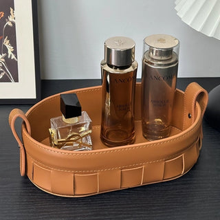 Oval Woven Leather Storage Caddy | Equestrian Tan Valet Tray | for Keys, Cosmetics, and Remotes