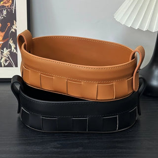Oval Woven Leather Storage Caddy | Equestrian Tan Valet Tray | for Keys, Cosmetics, and Remotes