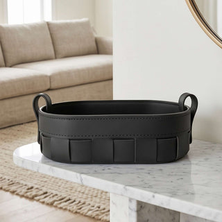 Oval Woven Leather Storage Caddy | Equestrian Tan Valet Tray | for Keys, Cosmetics, and Remotes