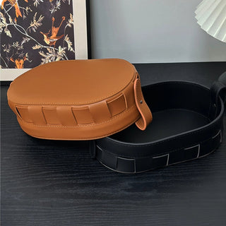 Oval Woven Leather Storage Caddy | Equestrian Tan Valet Tray | for Keys, Cosmetics, and Remotes