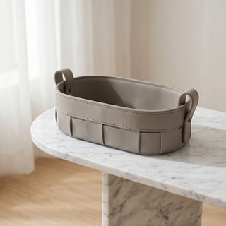 Oval Woven Leather Storage Caddy | Equestrian Tan Valet Tray | for Keys, Cosmetics, and Remotes
