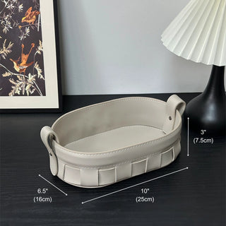 Oval Woven Leather Storage Caddy | Equestrian Tan Valet Tray | for Keys, Cosmetics, and Remotes