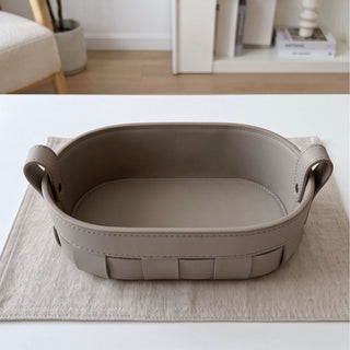 Oval Woven Leather Storage Caddy | Equestrian Tan Valet Tray | for Keys, Cosmetics, and Remotes