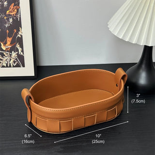 Oval Woven Leather Storage Caddy | Equestrian Tan Valet Tray | for Keys, Cosmetics, and Remotes