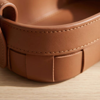 Oval Woven Leather Storage Caddy | Equestrian Tan Valet Tray | for Keys, Cosmetics, and Remotes