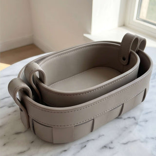 Oval Woven Leather Storage Caddy | Equestrian Tan Valet Tray | for Keys, Cosmetics, and Remotes