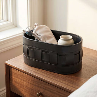 Oval Woven Leather Tall Caddy | Equestrian Valet Catch-All | for Skincare, Cosmetics, and Remotes