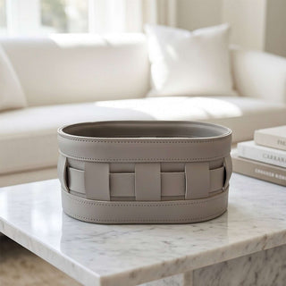 Oval Woven Leather Tall Caddy | Equestrian Valet Catch-All | for Skincare, Cosmetics, and Remotes