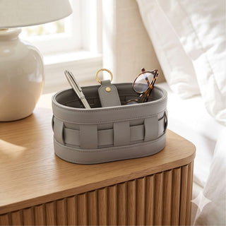 Oval Woven Leather Tall Caddy | Equestrian Valet Catch-All | for Skincare, Cosmetics, and Remotes