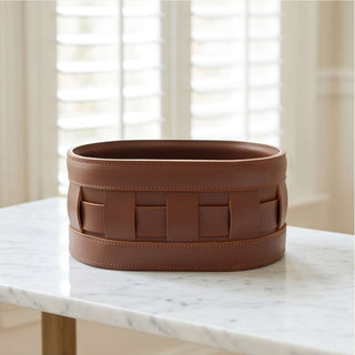 Oval Woven Leather Tall Caddy | Equestrian Valet Catch-All | for Skincare, Cosmetics, and Remotes