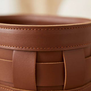 Oval Woven Leather Tall Caddy | Equestrian Valet Catch-All | for Skincare, Cosmetics, and Remotes