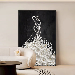(Print) Elegant Woman in Floral Dress Wall Art Print | Black & White Modern Line Art Canvas