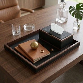 Rosewood & Leather  Tissue Box | Modern Luxe | Dark Wood Frame & Pebbled Leather