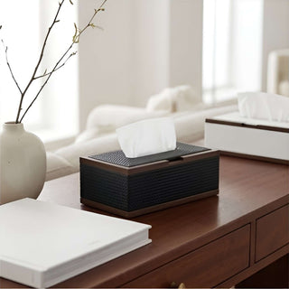 Rosewood & Leather  Tissue Box | Modern Luxe | Dark Wood Frame & Pebbled Leather