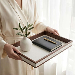 Rosewood & Leather Tray | Modern Luxe | Dark Wood Frame & Pebbled Leather
