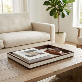Rosewood & Leather Tray | Modern Luxe | Dark Wood Frame & Pebbled Leather