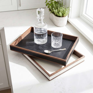 Rosewood & Leather Tray | Modern Luxe | Dark Wood Frame & Pebbled Leather