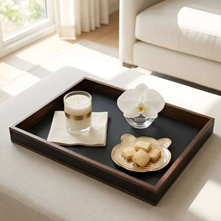 Rosewood & Leather Tray | Modern Luxe | Dark Wood Frame & Pebbled Leather