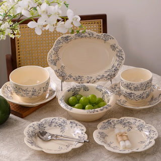 Shabby Chic Farmhouse Ceramic Blue Floral Tea & Dining Set | Scalloped Edge