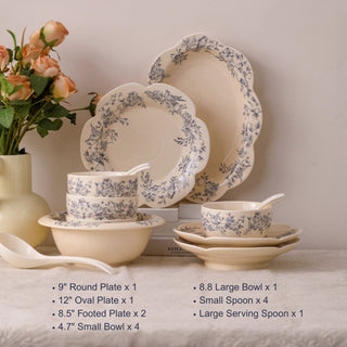 Shabby Chic Farmhouse Ceramic Blue Floral Tea & Dining Set | Scalloped Edge