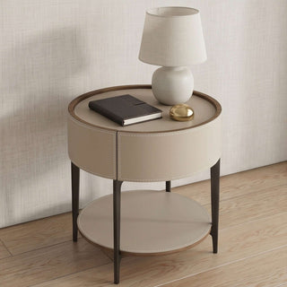The Grace Leather Round End Table | Storage Drawer & Open Shelf | Timeless Modern Luxury Side Table (T)