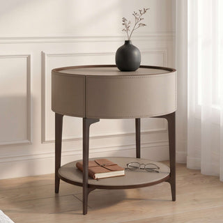 The Grace Leather Round End Table | Storage Drawer & Open Shelf | Timeless Modern Luxury Side Table (E)