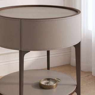 The Grace Leather Round End Table | Storage Drawer & Open Shelf | Timeless Modern Luxury Side Table (E)