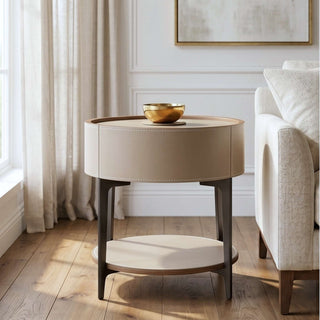 The Grace Leather Round End Table | Storage Drawer & Open Shelf | Timeless Modern Luxury Side Table (E)