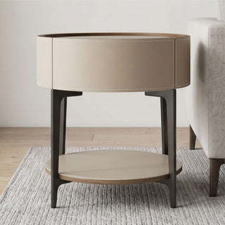 The Grace Leather Round End Table | Storage Drawer & Open Shelf | Timeless Modern Luxury Side Table (E)