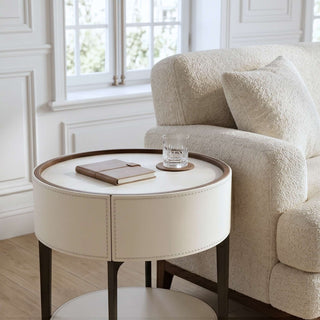 The Grace Leather Round End Table | Storage Drawer & Open Shelf | Timeless Modern Luxury Side Table (E)