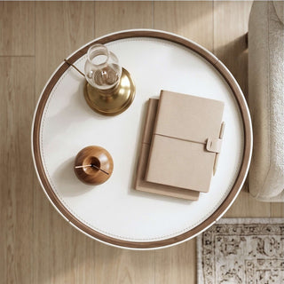 The Grace Leather Round End Table | Storage Drawer & Open Shelf | Timeless Modern Luxury Side Table (E)