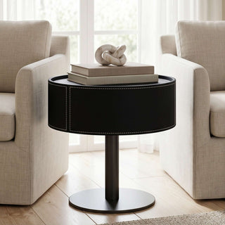 The Halo Leather Pedestal End Table with Storage Drawer | Contemporary Round Side Table | Sophisticated Living Room Accent (I)